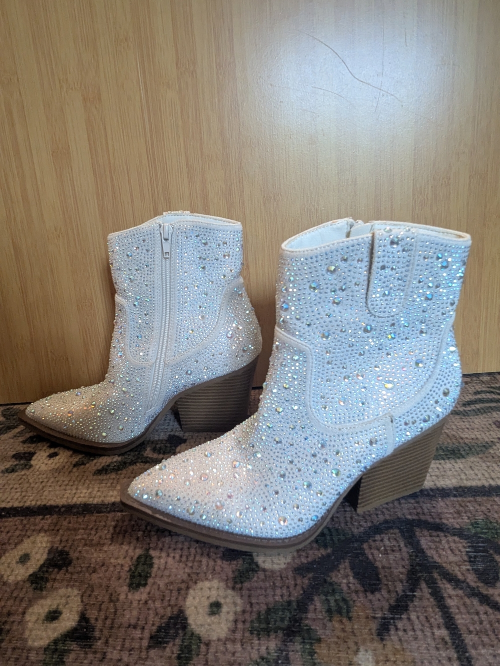 Embellished White Rhinestone Ankle Boots